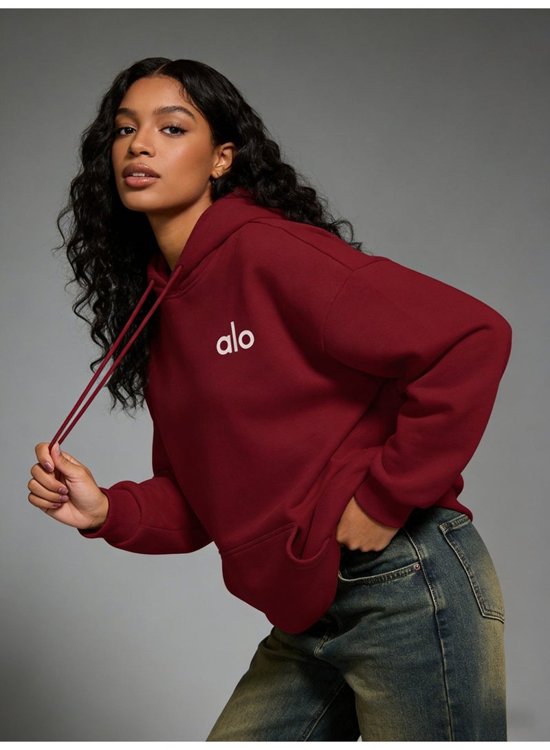 Alo Wine Red Hoodie Sweatshirt - Thick and Warm - Women's Soft Hoodie with Adjustable Drawstring and Kangaroo Pocket, Fashionable and Versatile, Full Power Warm Wine Red - Image 2