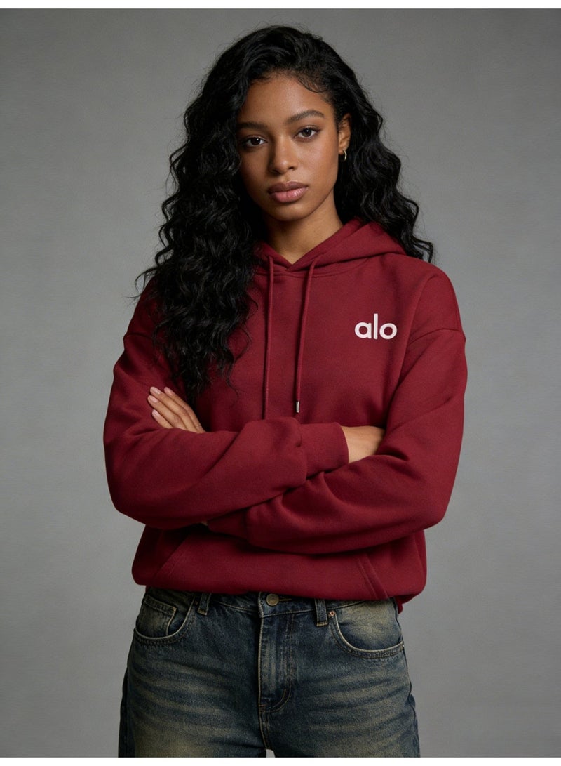 Alo Wine Red Hoodie Sweatshirt - Thick and Warm - Women's Soft Hoodie with Adjustable Drawstring and Kangaroo Pocket, Fashionable and Versatile, Full Power Warm Wine Red - Image 3