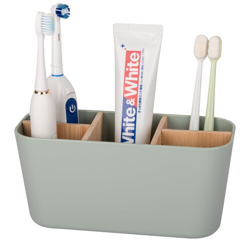 Heagoale Toothbrush Holders for Bathrooms, Bamboo Tooth Brush Holder with 5 Slots Bathroom Vanity Organizer Countertop for Electric Toothbrushes, Toothpaste, Razors - Green - Image 1