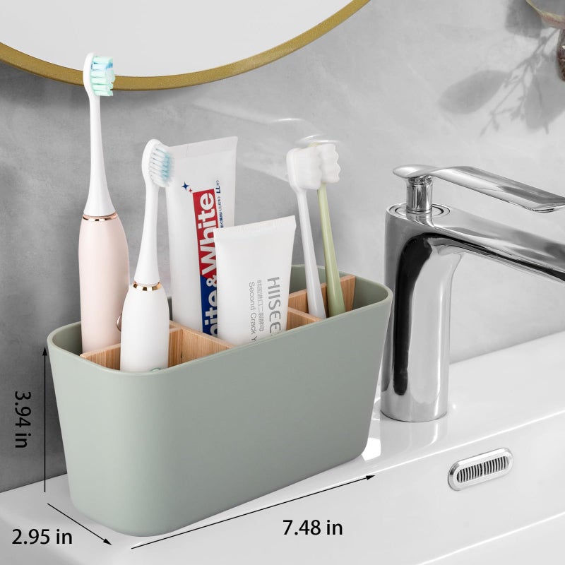 Heagoale Toothbrush Holders for Bathrooms, Bamboo Tooth Brush Holder with 5 Slots Bathroom Vanity Organizer Countertop for Electric Toothbrushes, Toothpaste, Razors - Green - Image 2