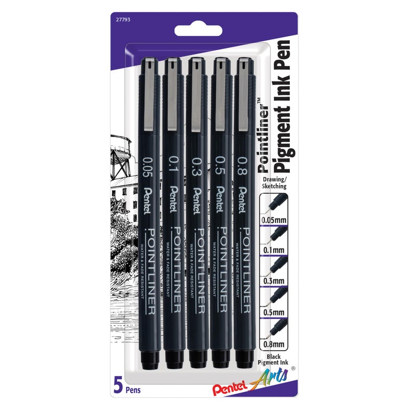 Pentel Arts Pointliner Drawing Pen 5Pack Assorted Sizes Black Ink S20PBP5A