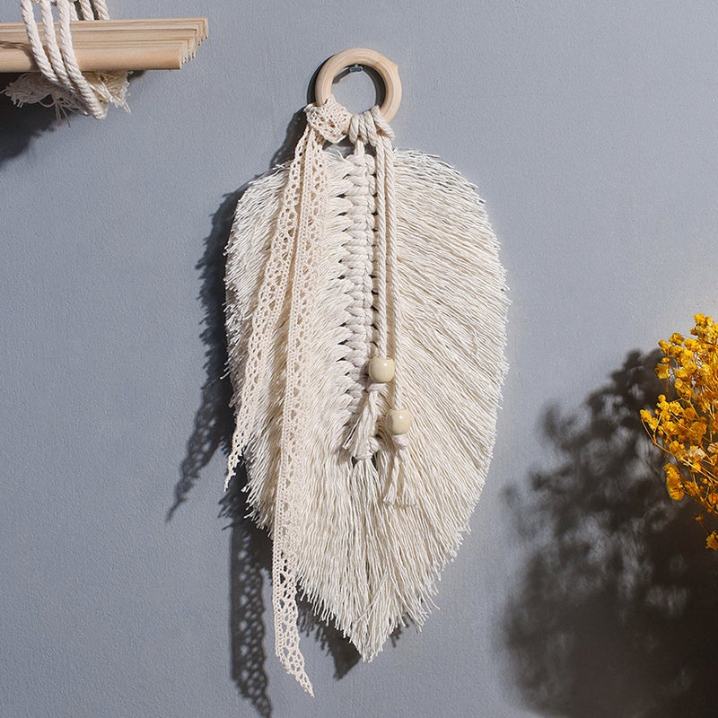 1pc Stylish Tassel Tapestry Hand Woven Tapestry Leaf Hanging Tapestry (Beige) - Image 1
