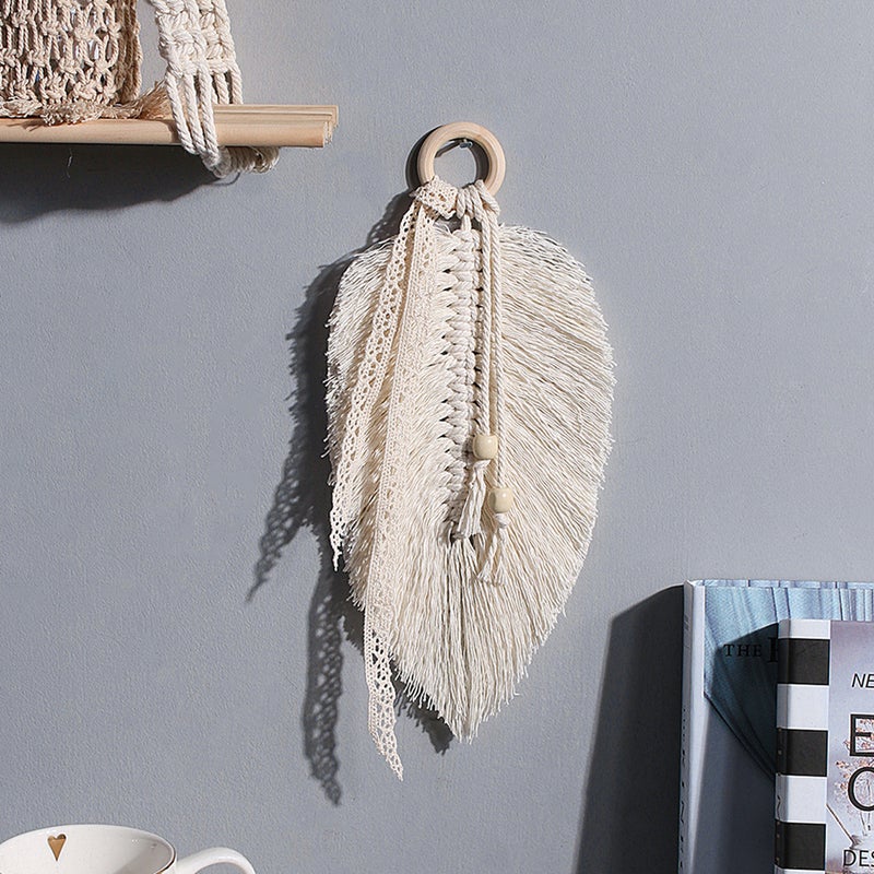 1pc Stylish Tassel Tapestry Hand Woven Tapestry Leaf Hanging Tapestry (Beige) - Image 3