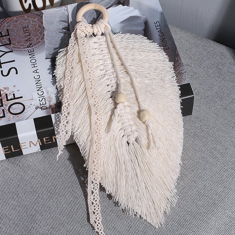 1pc Stylish Tassel Tapestry Hand Woven Tapestry Leaf Hanging Tapestry (Beige) - Image 4