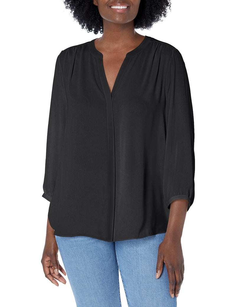 NYDJ Women’s Three-Quarter Sleeve Pintuck Blouse | Classic Lightweight Top Black - Image 1