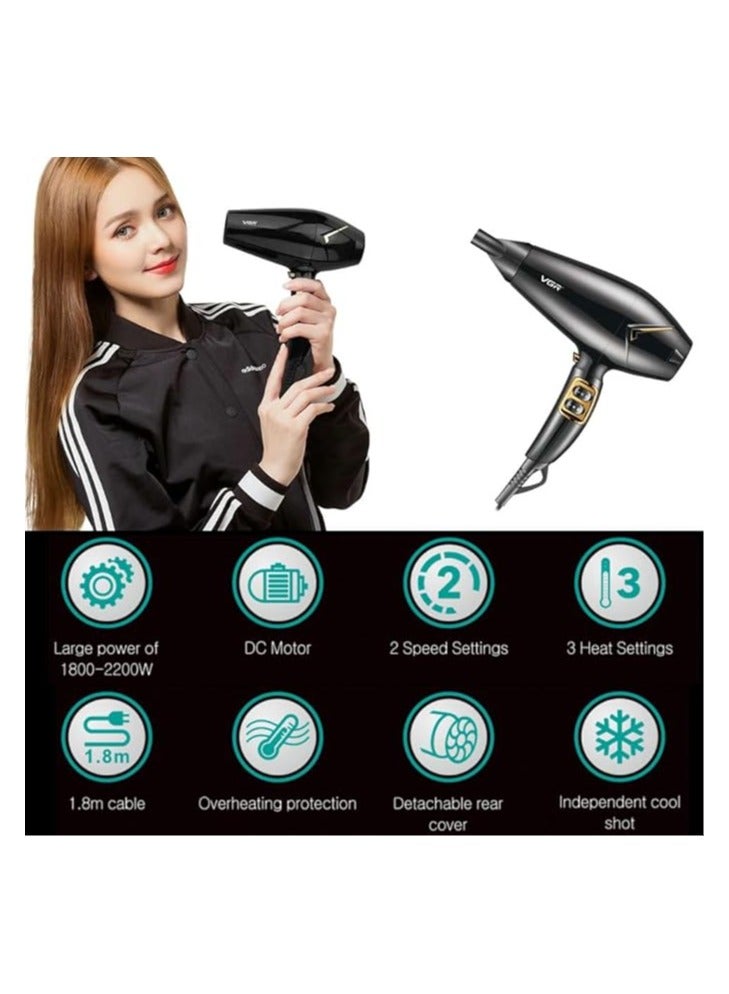 VGR V-423 Professional Salon Series Hair Dryer 1800-2200W DC Motor 3 Heat Setting Independent Cool Shot Styling Comb Nozzle Overheating Protection with Turbo Function & 2 Speed Setting black - Image 5