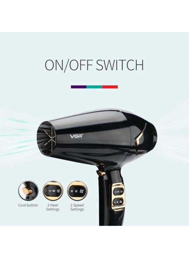 VGR V-423 Professional Salon Series Hair Dryer 1800-2200W DC Motor 3 Heat Setting Independent Cool Shot Styling Comb Nozzle Overheating Protection with Turbo Function & 2 Speed Setting black - Image 2