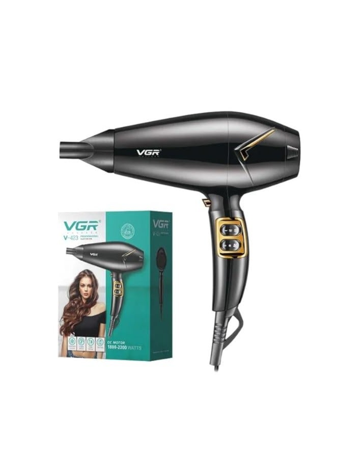 VGR V-423 Professional Salon Series Hair Dryer 1800-2200W DC Motor 3 Heat Setting Independent Cool Shot Styling Comb Nozzle Overheating Protection with Turbo Function & 2 Speed Setting black - Image 1