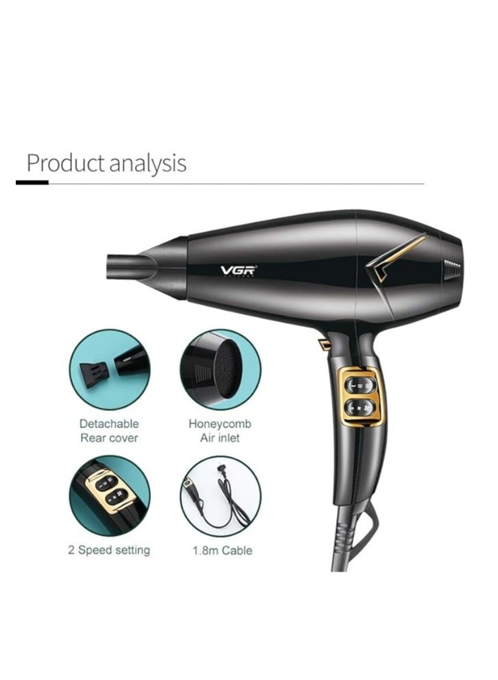 VGR V-423 Professional Salon Series Hair Dryer 1800-2200W DC Motor 3 Heat Setting Independent Cool Shot Styling Comb Nozzle Overheating Protection with Turbo Function & 2 Speed Setting black - Image 4