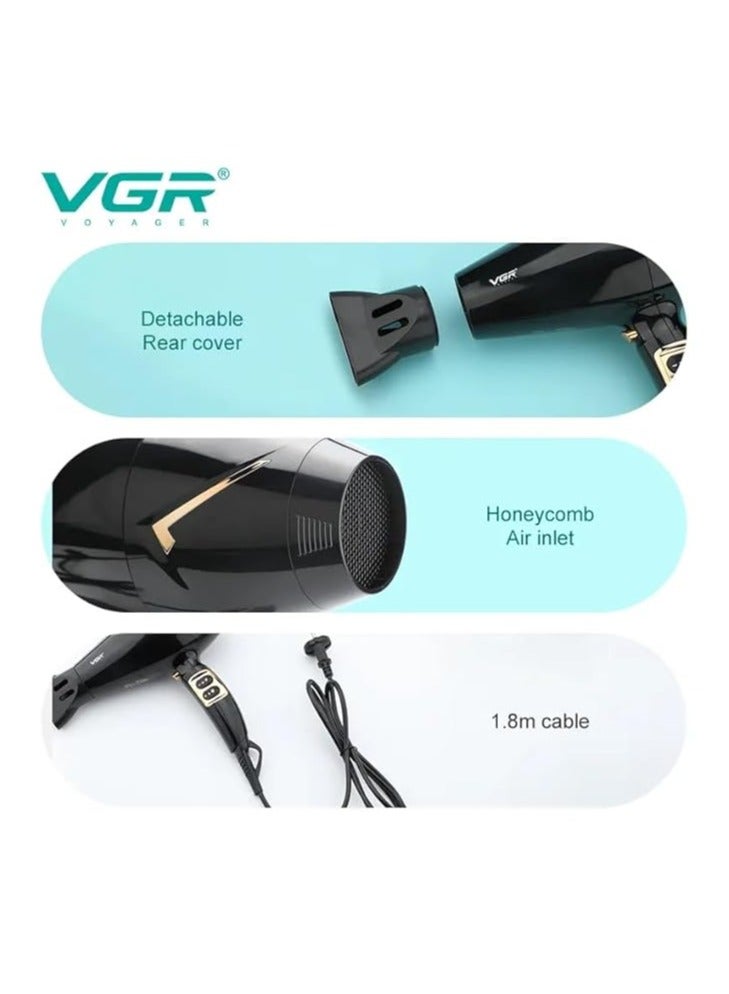 VGR V-423 Professional Salon Series Hair Dryer 1800-2200W DC Motor 3 Heat Setting Independent Cool Shot Styling Comb Nozzle Overheating Protection with Turbo Function & 2 Speed Setting black - Image 3