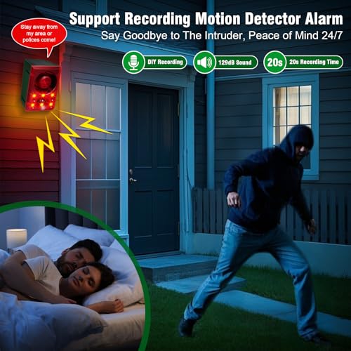 ChunHee Solar Outdoor Motion Sensor Alarm with Dog Barking Gunshot Sound, Support Recording and Adjustable Volume, 130db Loud Noise Maker 3 Work Modes Strobe Light for Home, Villa, Farm, Barn (1pack) - Image 3