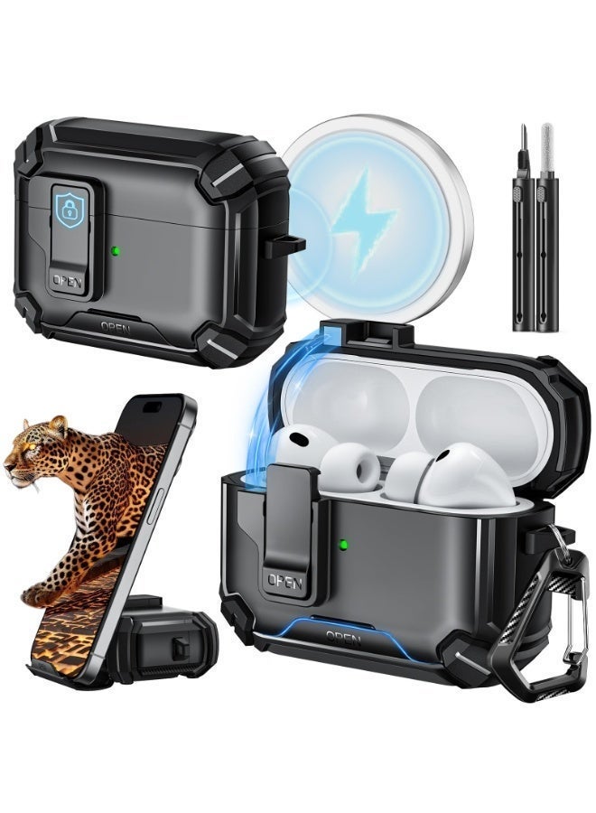 حافظة AirPods Pro 3 (2025) مع حامل هاتف، متوافقة مع Magsafe، غطاء قفل مغناطيسي تلقائي لـ AirPods Pro الجيل الثالث، أسود - Image 1