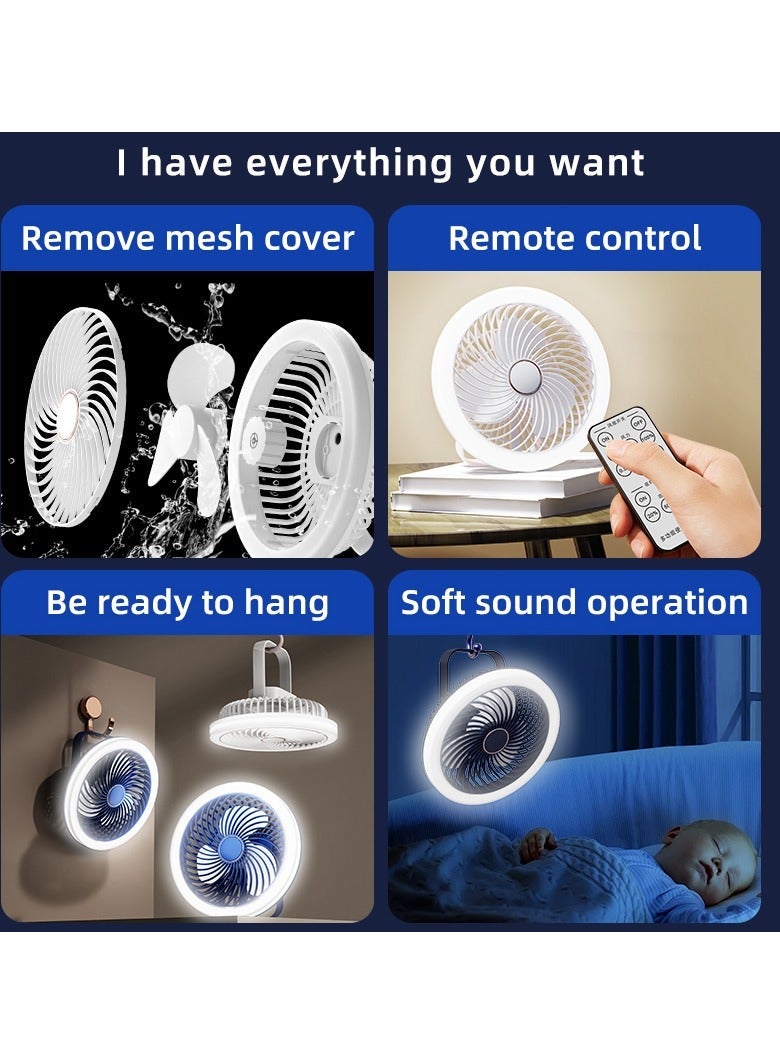SänHahn Desk Fan, USB Fan 2400mAh Rechargeable Battery Powered, Personal Fan with Remote Control, 3 Speed, Strong Airflow Portable Fan, Quiet Operation Fan with LED Light and 360° Rotate Easy Clean Table Fan for Bedroom Home Office Outdoor Travel - White/Navy - Image 3