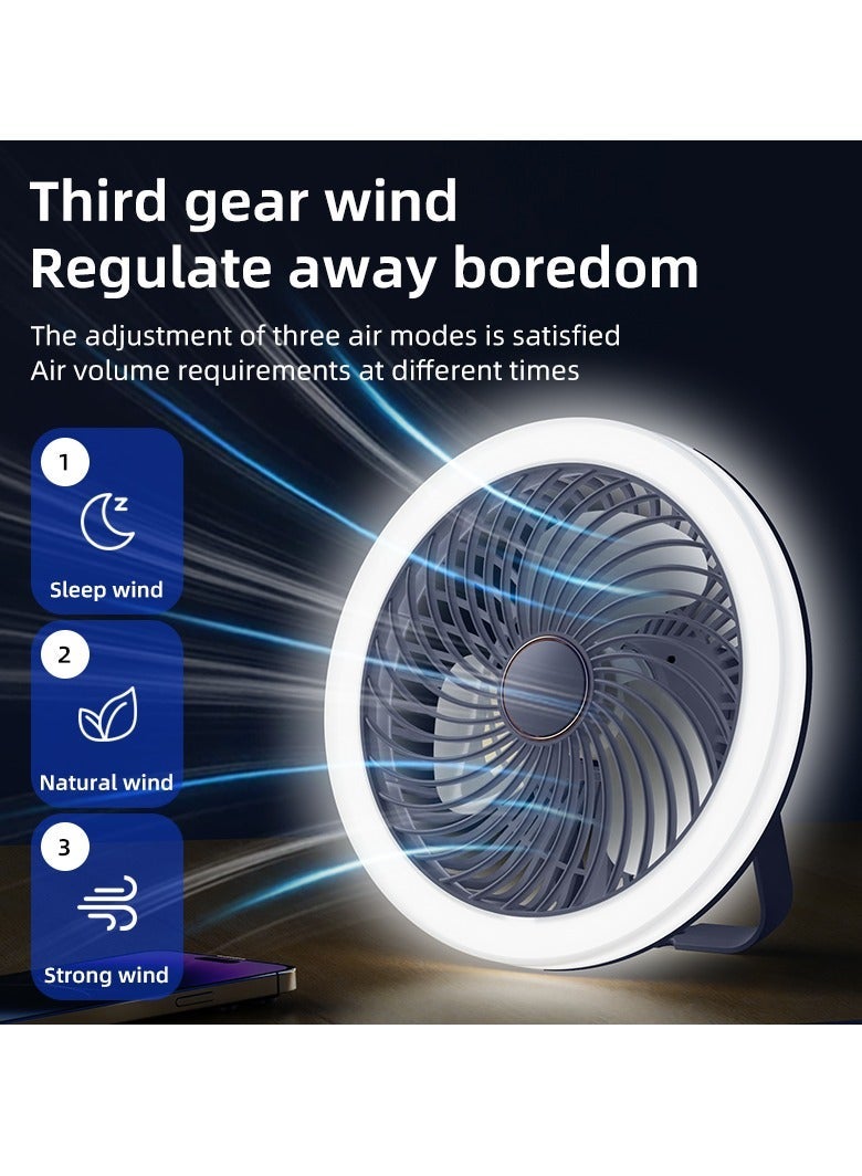 SänHahn Desk Fan, USB Fan 2400mAh Rechargeable Battery Powered, Personal Fan with Remote Control, 3 Speed, Strong Airflow Portable Fan, Quiet Operation Fan with LED Light and 360° Rotate Easy Clean Table Fan for Bedroom Home Office Outdoor Travel - White/Navy - Image 1