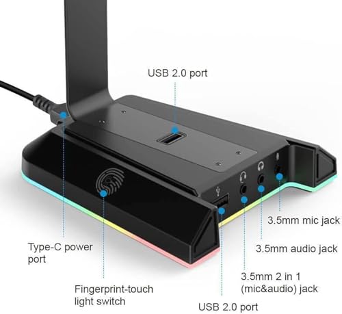 EKSA RGB Headset Stand, Headphone Stands with 7.1 Surround Sound & USB/3.5mm Port, Desk Gaming Headsets Holder with Aluminum Alloy Rod & Non-Slip Rubber Pad, Suitable for Most Gamer Desktop Earphones - Image 5