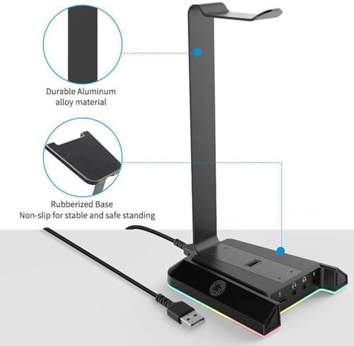 EKSA RGB Headset Stand, Headphone Stands with 7.1 Surround Sound & USB/3.5mm Port, Desk Gaming Headsets Holder with Aluminum Alloy Rod & Non-Slip Rubber Pad, Suitable for Most Gamer Desktop Earphones - Image 4