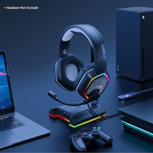EKSA RGB Headset Stand, Headphone Stands with 7.1 Surround Sound & USB/3.5mm Port, Desk Gaming Headsets Holder with Aluminum Alloy Rod & Non-Slip Rubber Pad, Suitable for Most Gamer Desktop Earphones - Image 2