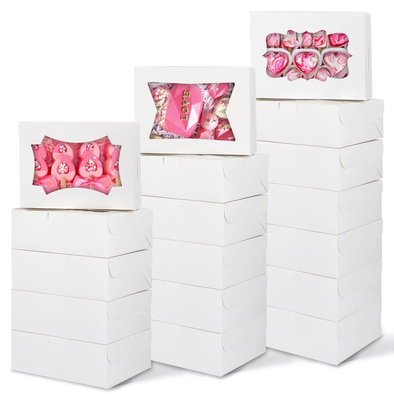 TOMNK 30pcs Cookie Boxes, 8x6x2.5 Inches 3 Style Windows Treat Boxes with Window for Treats, Chocolate Covered Strawberries, Muffins, Donuts - Image 1
