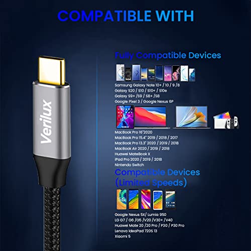 Verilux® C Type Cable Fast Charging 100W 10Ft/3m Fast Charging USB C Cable USB 3.1 Gen 2 10Gbps Data Transfer Supports 4K HD Video Output Thunderbolt 3 Compatible with MacBook Pro/Air, Hub(Black) - Image 2