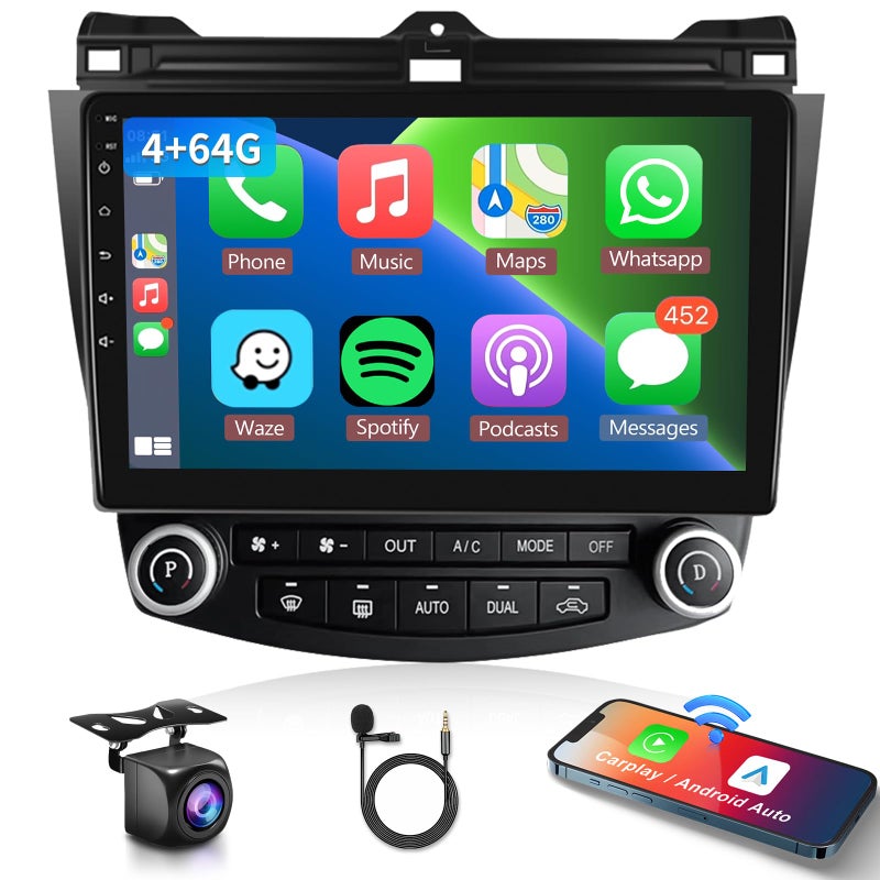 Podofo 4G+64G Car Radio Stereo for Honda Accord 2003-2007, Wireless CarPlay Android Auto 10.1 Inch IPS Touch Screen Android 13 GPS Head Unit WiFi Bluetooth DSP Audio USB Dual Mic HD Rear Camera - Image 1