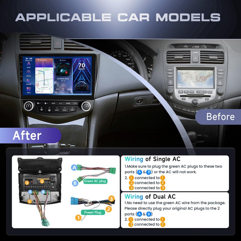 Podofo 4G+64G Car Radio Stereo for Honda Accord 2003-2007, Wireless CarPlay Android Auto 10.1 Inch IPS Touch Screen Android 13 GPS Head Unit WiFi Bluetooth DSP Audio USB Dual Mic HD Rear Camera - Image 3