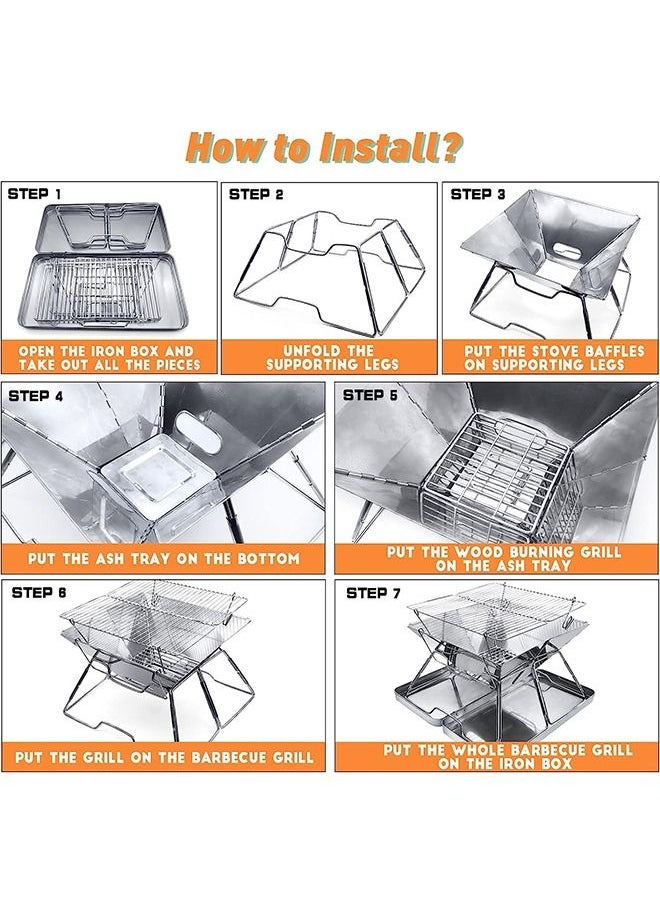 Arabest - BBQ Fire Pit Portable Campfire Pit Collapsible Stainless Steel Grill for Camping Picnic Patio Backyard and Garden with Fire Tube Carrying Bag（with Iron Carry Box） - Image 1
