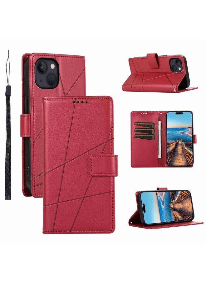HuHa - Case Cover For iPhone 13 PU Genuine Leather Texture Embossed Line Phone Case Red - Image 1