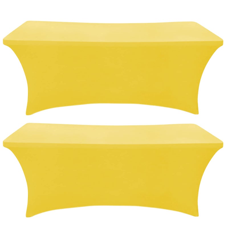 غطاء طاولة أصفر 2 عبوة 6 قدم مخصص لطاولة مستطيلة قماش قابل للتمدد 6 قدم خالي من التجاعيد للحفلات والمعارض والولائم وحفلات الزفاف والكوكتيليات