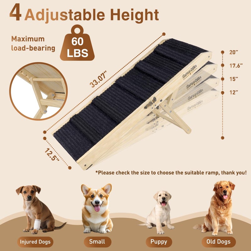 SweetBin 2026 Upgraded Dog Ramp for Couch - Foldable Small Dog Ramp for Bed - 4 Adjustable Height from 12" to 20" - Portable Pet Stairs with Non-Slip Pad - Pet Ramps Use for Low Bed Couch Steps Up to 60LBS - Image 2