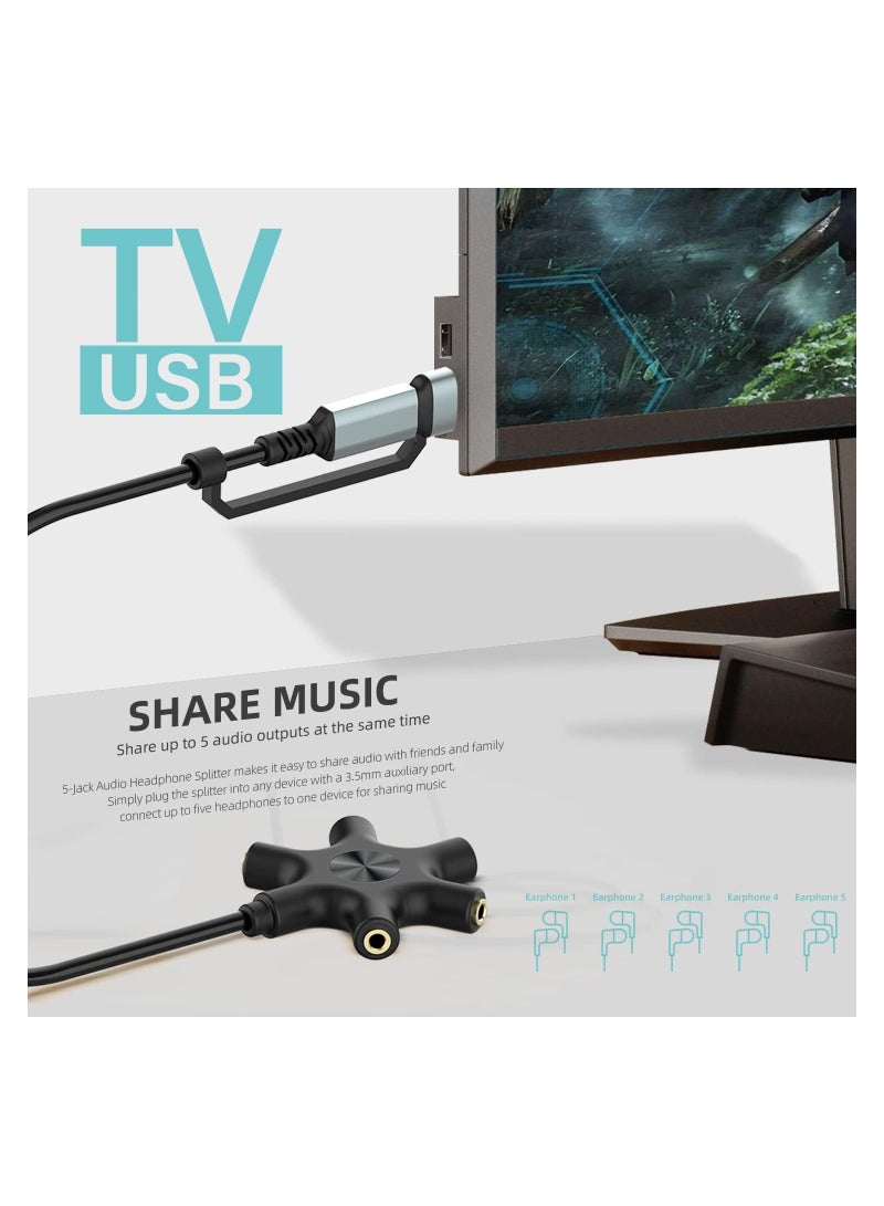 USB A/C to 3.5mm Headphone Splitter, 5-Jack Stereo Audio Adapter, 1 Male to 4 Female Splitter for Earbuds and Headsets, Includes 3.5mm Stereo Cable, 1 Pack. - Image 3