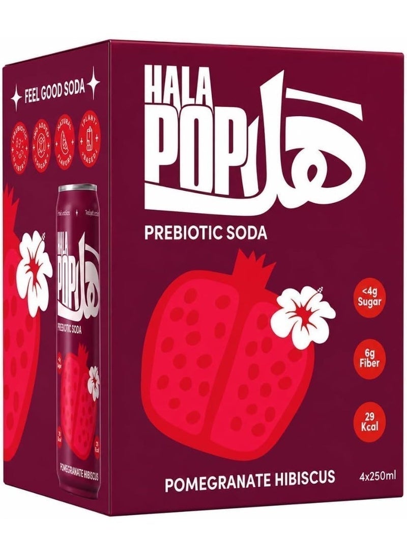 HalaPop Prebiotic Soda Pomegranate Hibiscus | 6g Fiber, No Added Sugar, Low Calorie Sparkling Drink | 4 x 250ml - Image 1