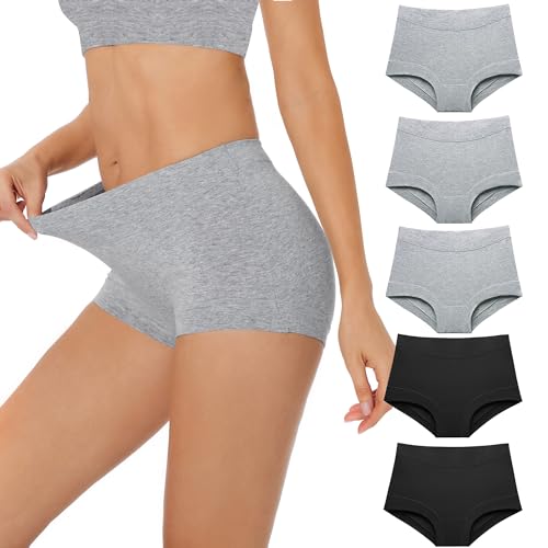 Migbean Women's Cotton Boxer Briefs Underwear Boy Shorts Underwear Lightweight High Waist Panties 5 Pack Black Grey - Image 1