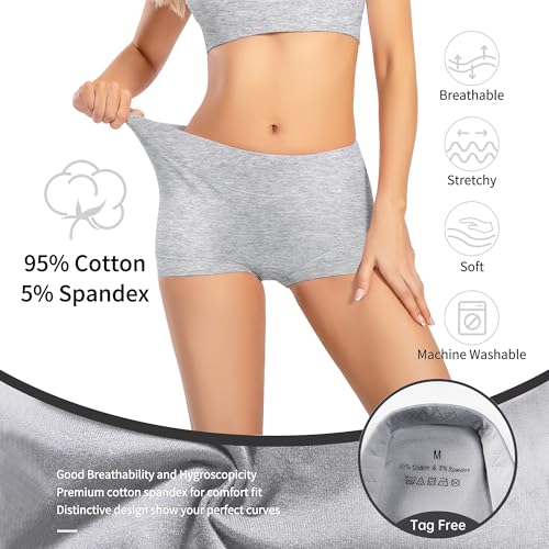 Migbean Women's Cotton Boxer Briefs Underwear Boy Shorts Underwear Lightweight High Waist Panties 5 Pack Black Grey - Image 3