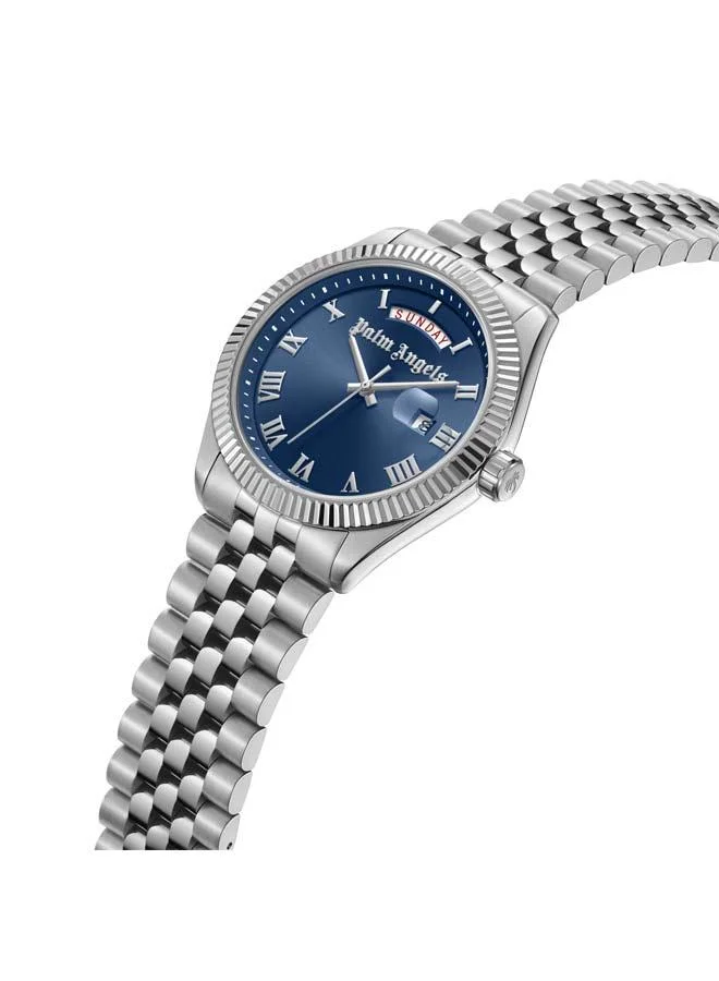 Palm Angels Primo Blue Dial Silver Gold Stainless Steel Bracelet Analog Watch for Men, 42mm