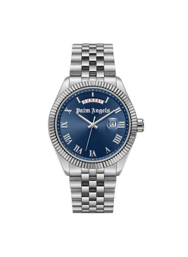 Palm Angels Primo Blue Dial Silver Gold Stainless Steel Bracelet Analog Watch for Men, 42mm