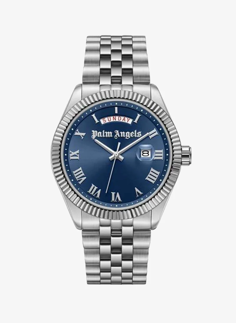 Palm Angels Primo Blue Dial Silver Gold Stainless Steel Bracelet Analog Watch for Men, 42mm