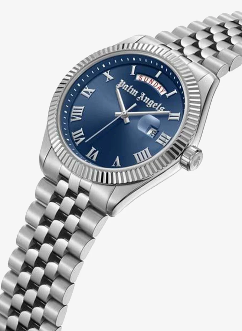 Palm Angels Primo Blue Dial Silver Gold Stainless Steel Bracelet Analog Watch for Men, 42mm