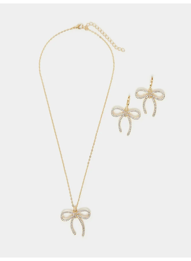 ستايلي Styli Embellished Bow Pendant Necklace and Hoop Earrings Set