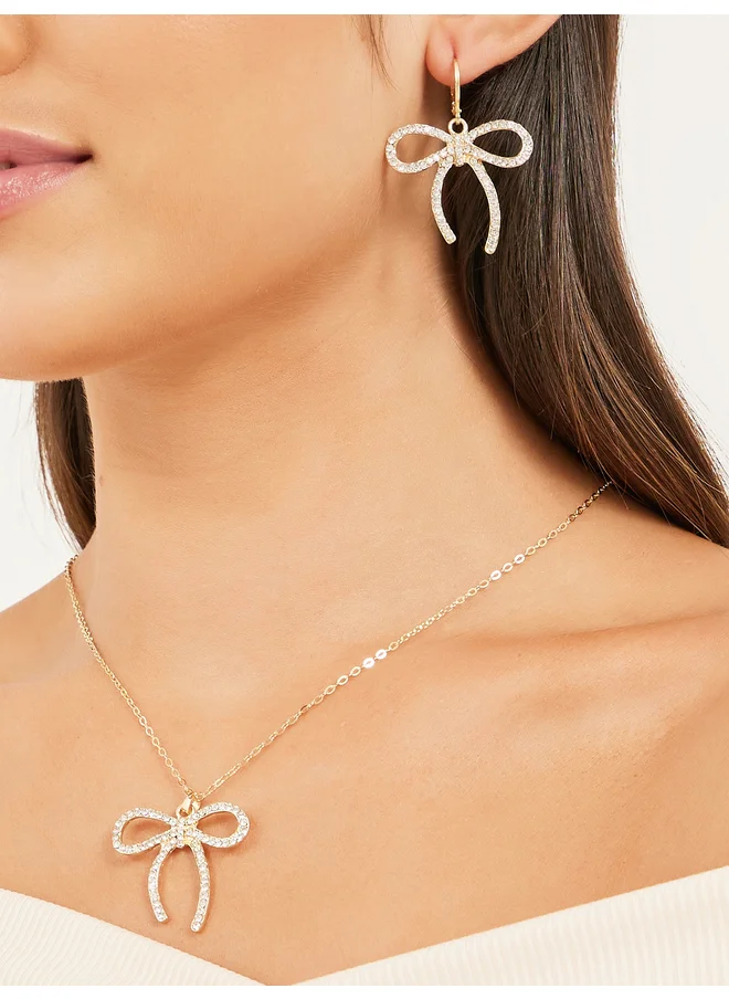 ستايلي Styli Embellished Bow Pendant Necklace and Hoop Earrings Set