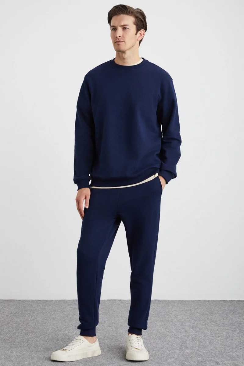 GRIMELANGE Adens Men's Regular Soft Premium Fabric 3 Yarn Ribbed Elastic Leg Navy Blue Sweatpants