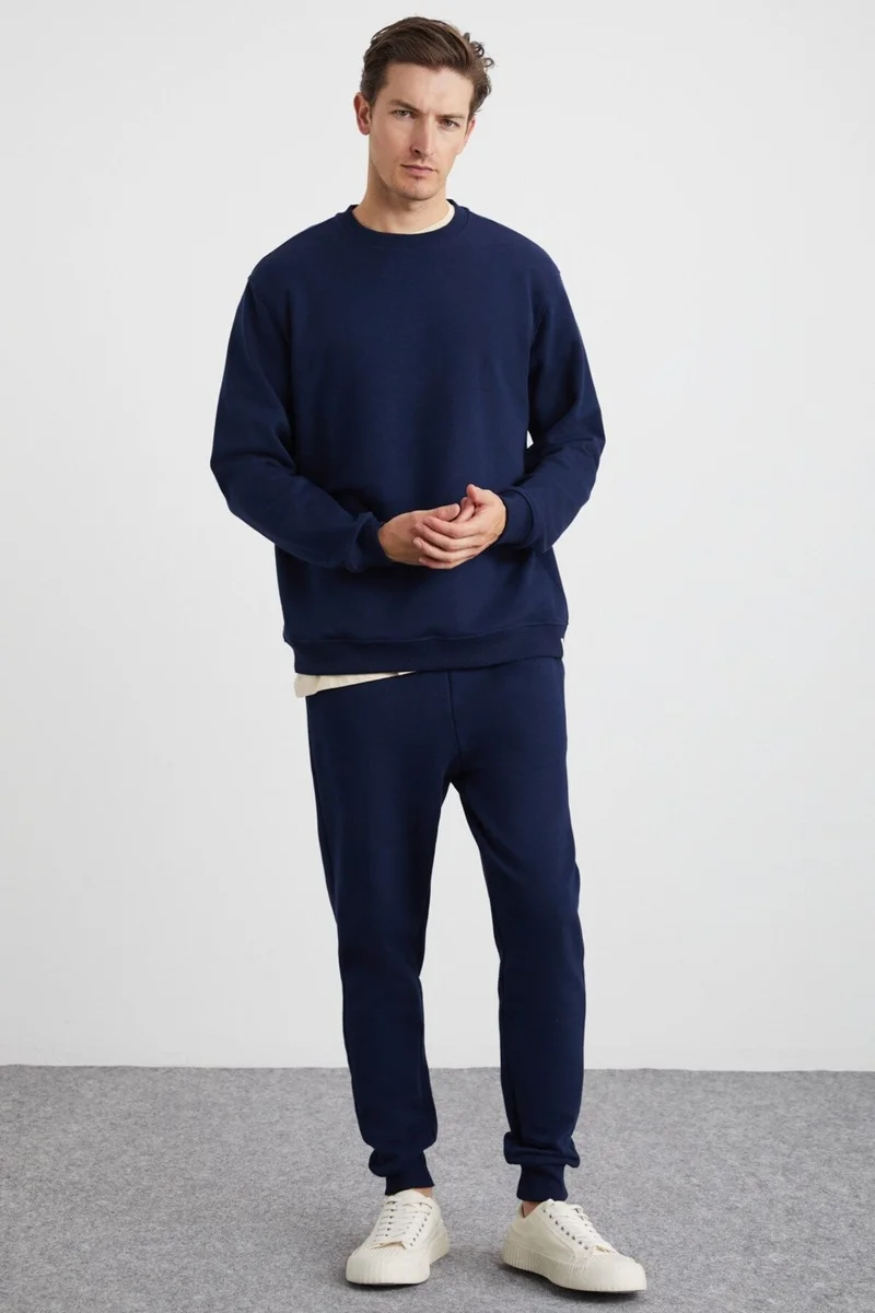 GRIMELANGE Adens Men's Regular Soft Premium Fabric 3 Yarn Ribbed Elastic Leg Navy Blue Sweatpants
