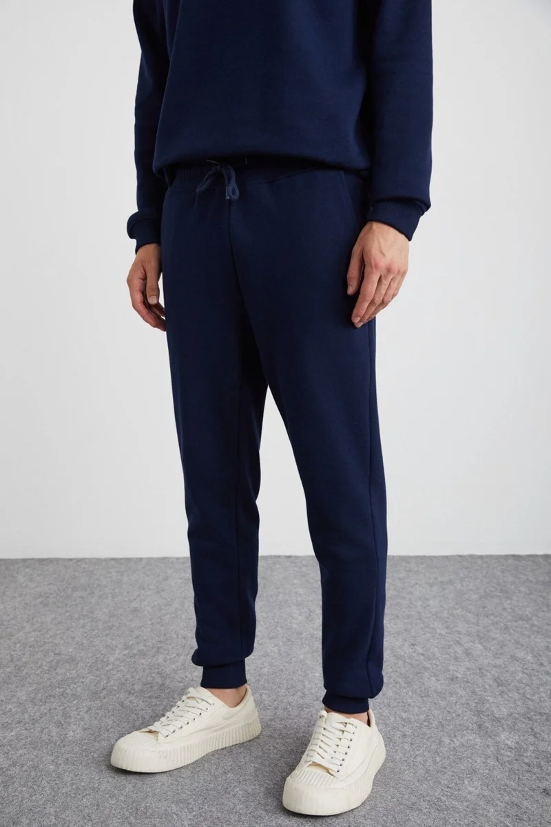 GRIMELANGE Adens Men's Regular Soft Premium Fabric 3 Yarn Ribbed Elastic Leg Navy Blue Sweatpants