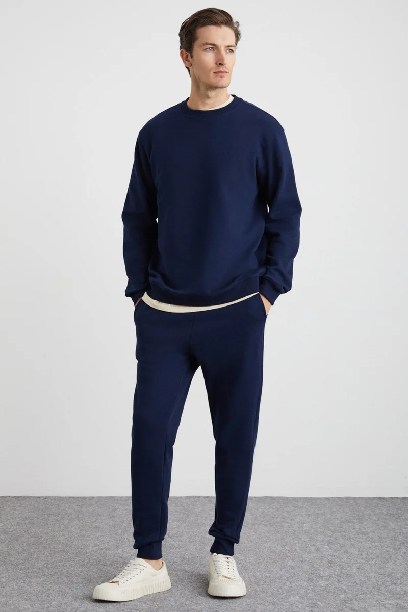 GRIMELANGE Adens Men's Regular Soft Premium Fabric 3 Yarn Ribbed Elastic Leg Navy Blue Sweatpants