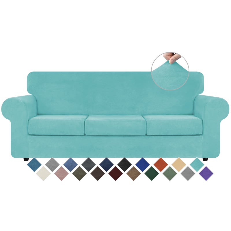 WEERRW 4 Pieces Velvet High Stretch Couch Covers for 3 Cushion Couch Sofa Slipcovers, Washable Furniture Protector with Non Slip Elastic Bottom, Feature Soft and Thick Plush Fabric, Aqua, Large - Image 1