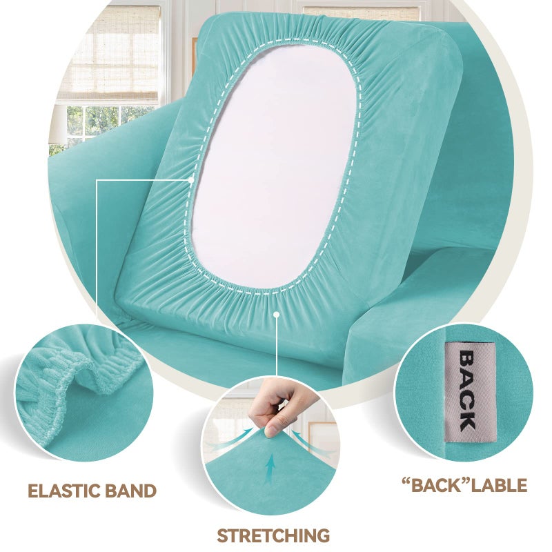 WEERRW 4 Pieces Velvet High Stretch Couch Covers for 3 Cushion Couch Sofa Slipcovers, Washable Furniture Protector with Non Slip Elastic Bottom, Feature Soft and Thick Plush Fabric, Aqua, Large - Image 3
