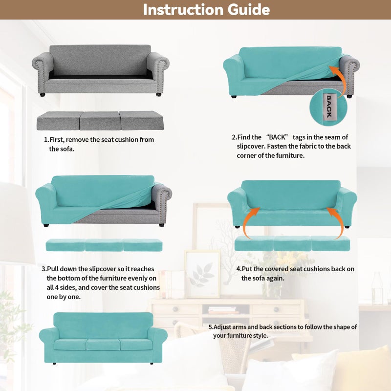 WEERRW 4 Pieces Velvet High Stretch Couch Covers for 3 Cushion Couch Sofa Slipcovers, Washable Furniture Protector with Non Slip Elastic Bottom, Feature Soft and Thick Plush Fabric, Aqua, Large - Image 5