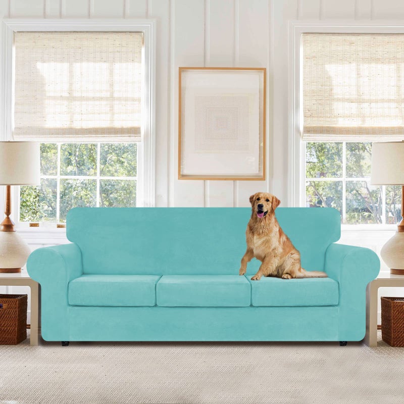 WEERRW 4 Pieces Velvet High Stretch Couch Covers for 3 Cushion Couch Sofa Slipcovers, Washable Furniture Protector with Non Slip Elastic Bottom, Feature Soft and Thick Plush Fabric, Aqua, Large - Image 2