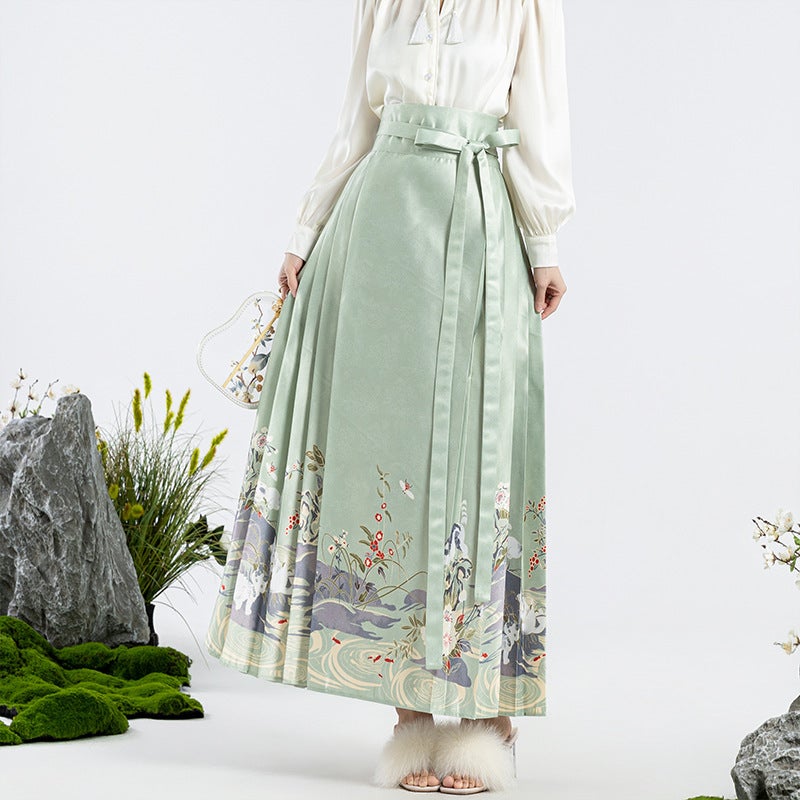 New Chinese Style Womens Long Dress Hanfu Sensibility Design Slim Fit Pleated Skirt Spring Summer 2024 New Arrival Green 