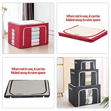 KIDINGTON Storage Boxes 66 Ltr Premium All Blue Polka Oxford Foldable Stackable Cloth Organizer with Metal Frame Window Carry Handles for Bedding Clothes Closet Wardrobe Organizer pack of1 - Image 5