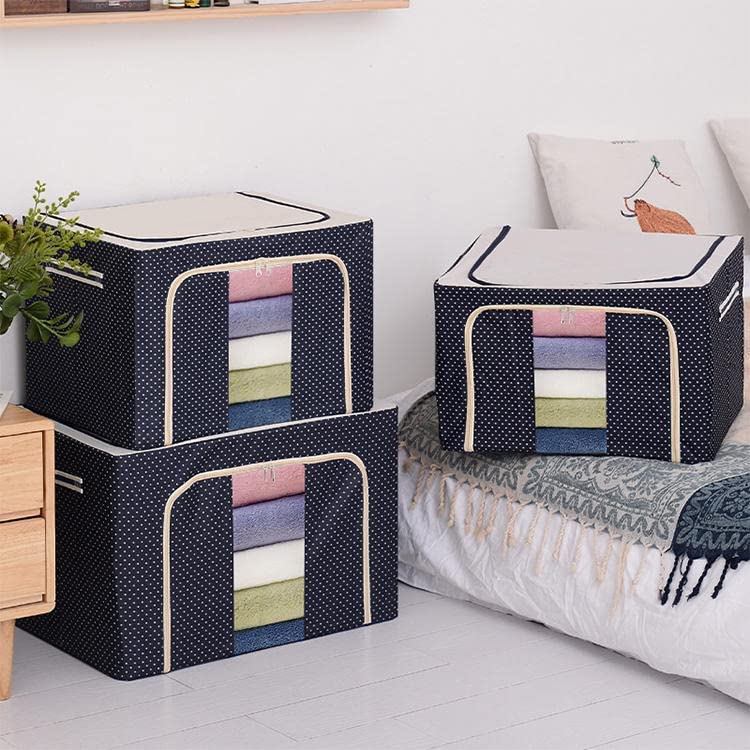 KIDINGTON Storage Boxes 66 Ltr Premium All Blue Polka Oxford Foldable Stackable Cloth Organizer with Metal Frame Window Carry Handles for Bedding Clothes Closet Wardrobe Organizer pack of1 - Image 3